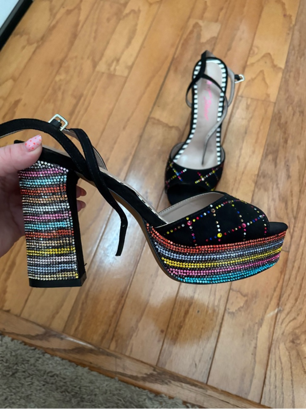 Betsey Johnson black & multi rhinestone heels NWOT